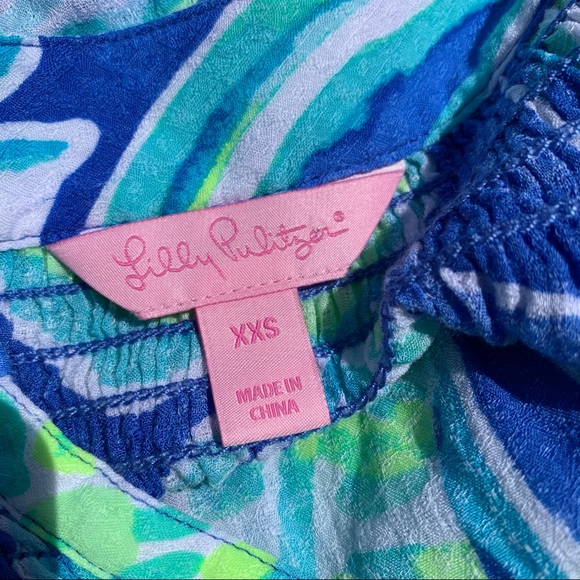 SMALL Lilly Pulitzer Blue Beckon Palm Passage Tropical Elsa Button Down Top XXS - Picture 11 of 13